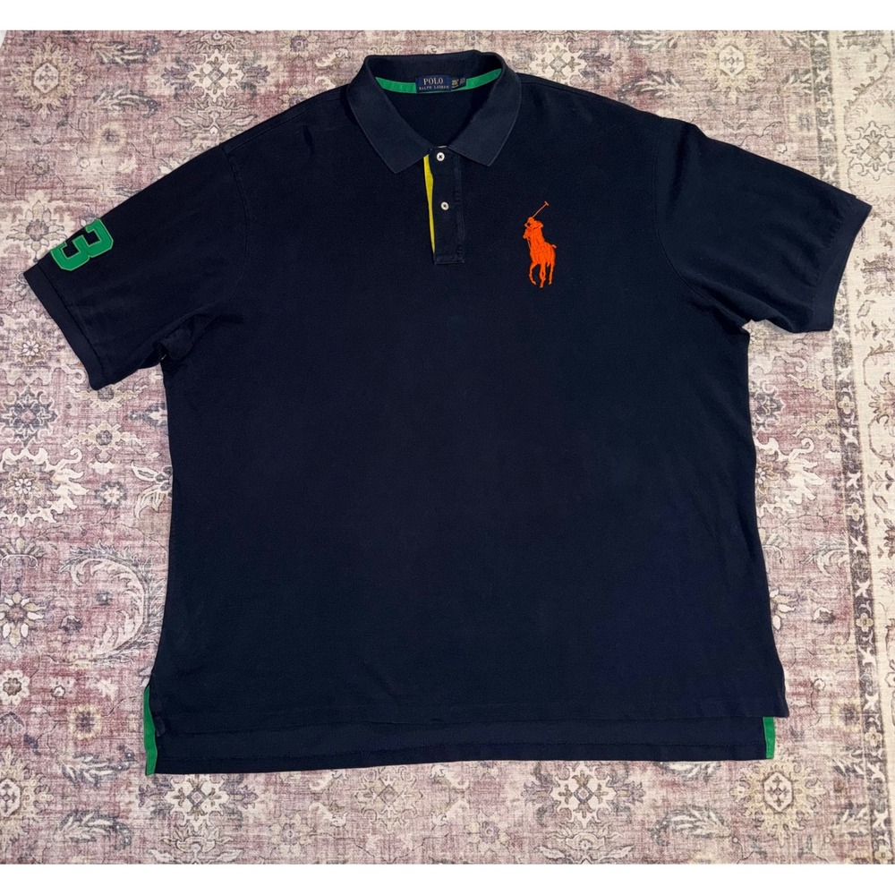 VTG Polo Ralph Lauren Big Pony Polo Shirt Mens 4XLT Navy Blue Orange Logo Y2K